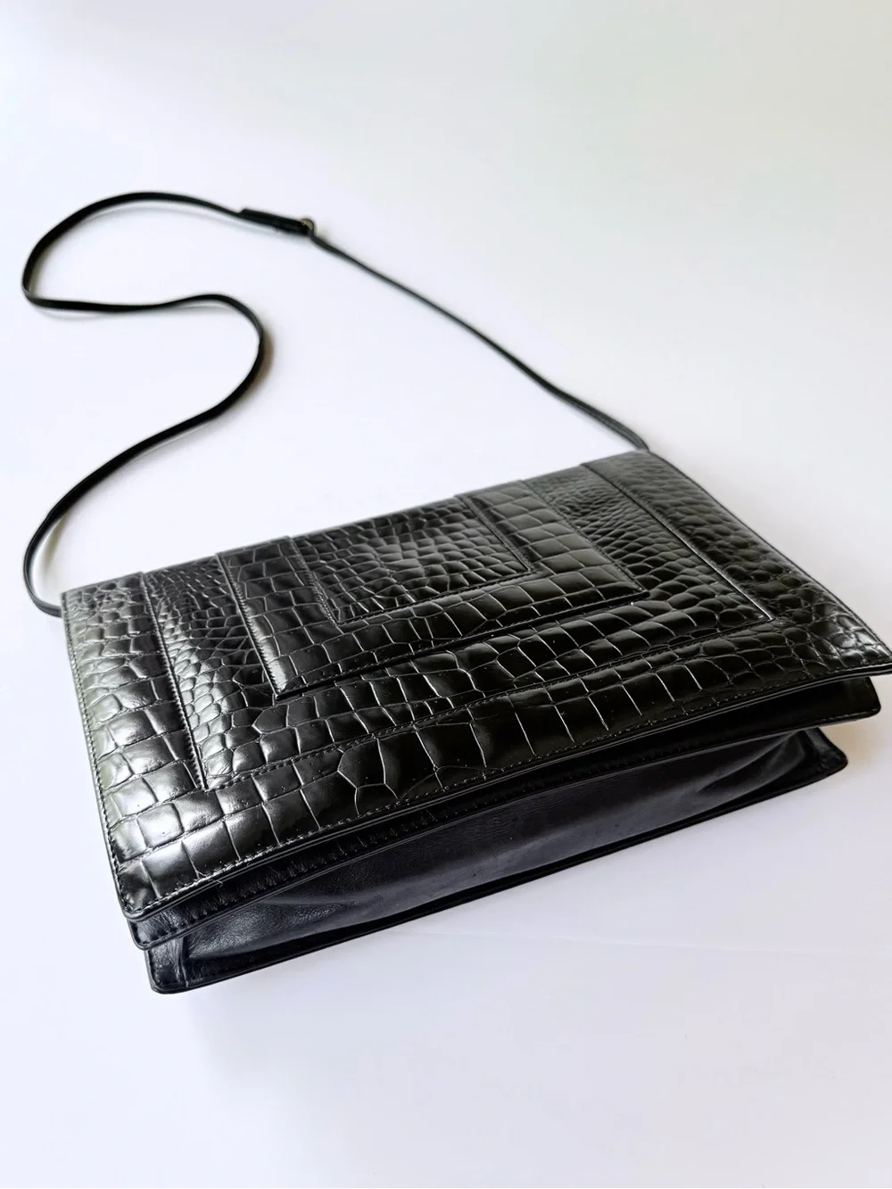 Vintage Fendi Crocodile Embossed Black Leather Crossbody Bag Clutch 1970s-1980s